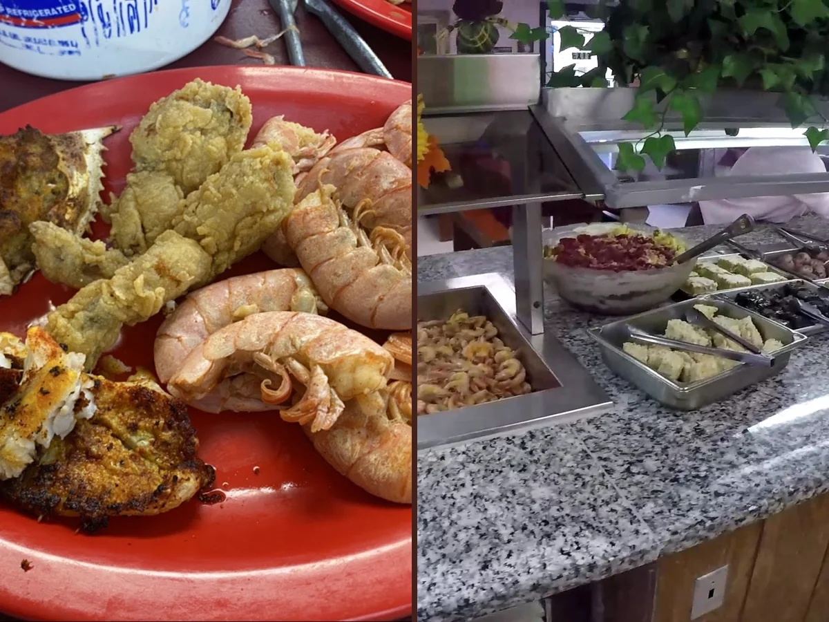 Buffet trays of crab, shrimp, gumbo, and jambalaya.