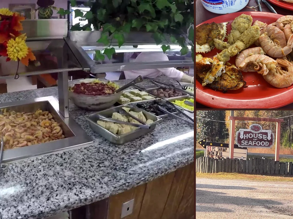 Assorted seafood dishes arranged on a buffet counter.