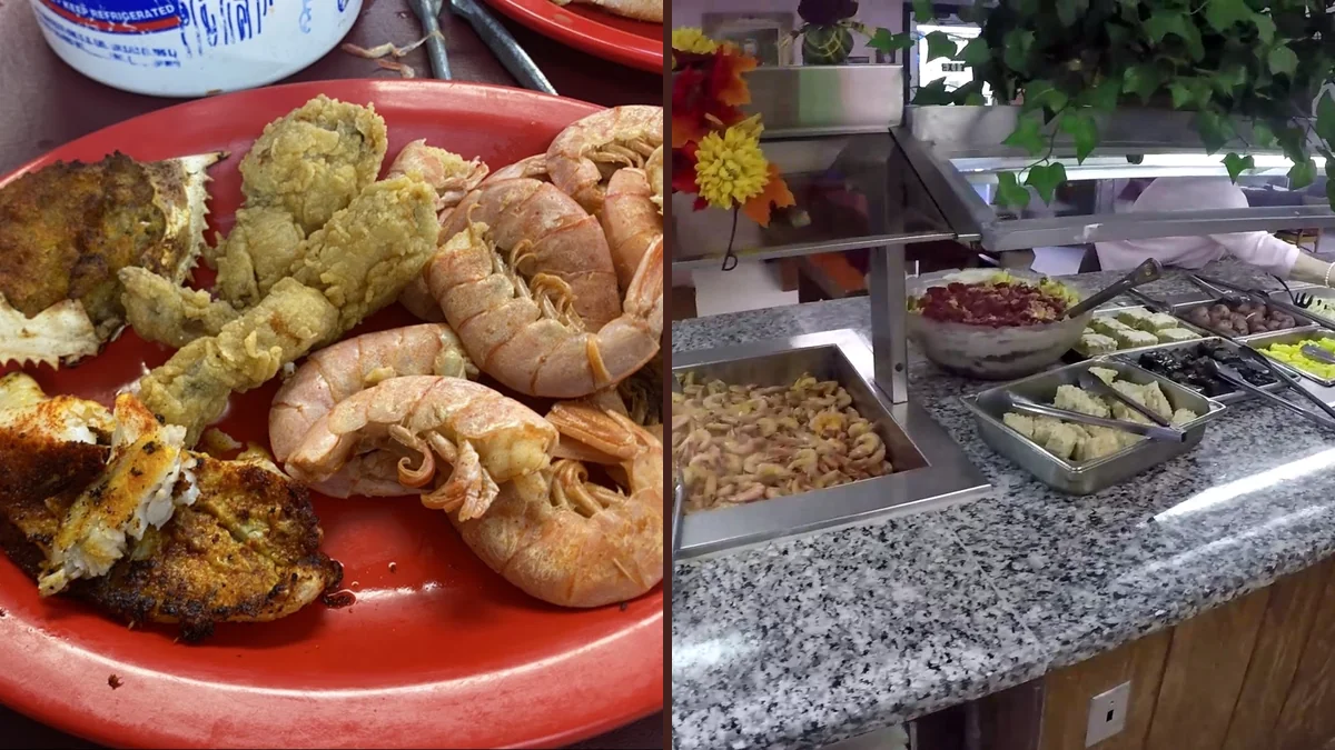 Buffet trays of crab, shrimp, gumbo, and jambalaya.