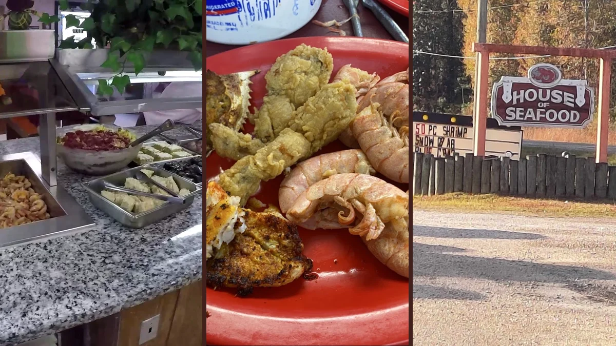 Buffet trays of crab, shrimp, gumbo, and jambalaya.